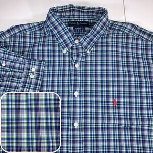 Polo Ralph Lauren Shirt Mens XXL 18 Blue Green Red Madras Plaid Classic Red Pony